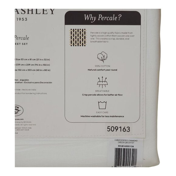 Laura Ashley Queen Sheet Set Cotton Percale Green Heart Embroider Cool Air Flow - Picture 4 of 10
